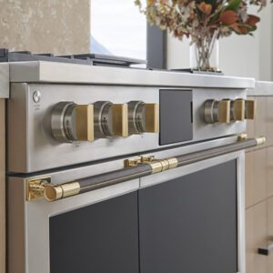 Monogram 48" Designer Collection Brass and Leather Long Handle for 48" Pro Range- ZXPR48HLTB1